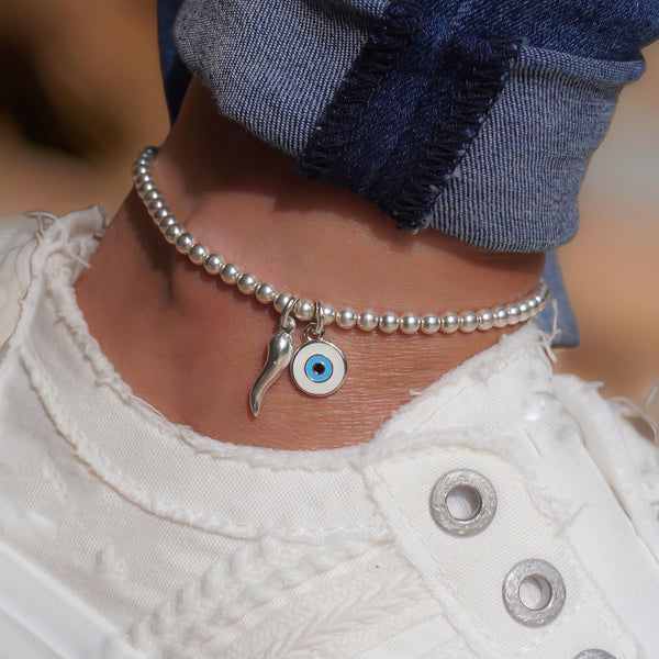 Sterling Silver Stretch Silver Cornetto & Evil Eye Anklet, Italian Horn Anklet, Evil Eye Anklet, Malocchio Anklet