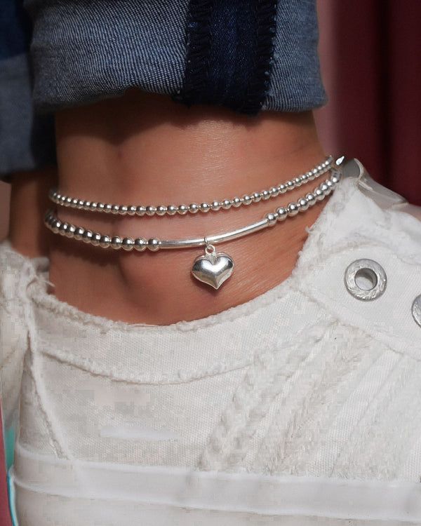 Sterling Silver Stretch Tube w/ Floating Heart Anklet, Sterling Silver Anklet, Anklet, Silver Heart Anklet