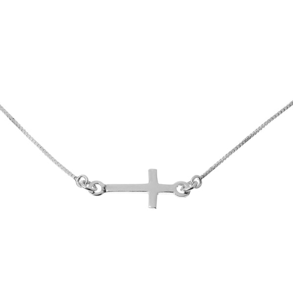 Sterling Silver Simple Horizontal Cross Thin Box Chain Necklace 18.5'