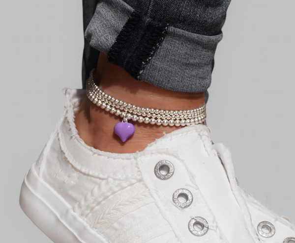 Sterling Silver Stretch Purple Heart Anklet, Sterling Silver Anklet, Ankle Bracelet, Heart, Anklet