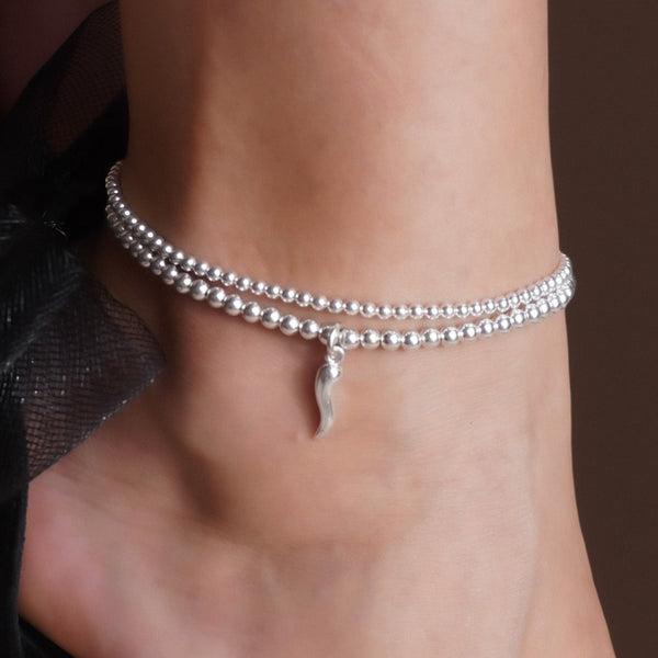 Sterling Silver Stretch Silver Cornetto Anklet, Italian Horn Anklet, Malocchio Anklet