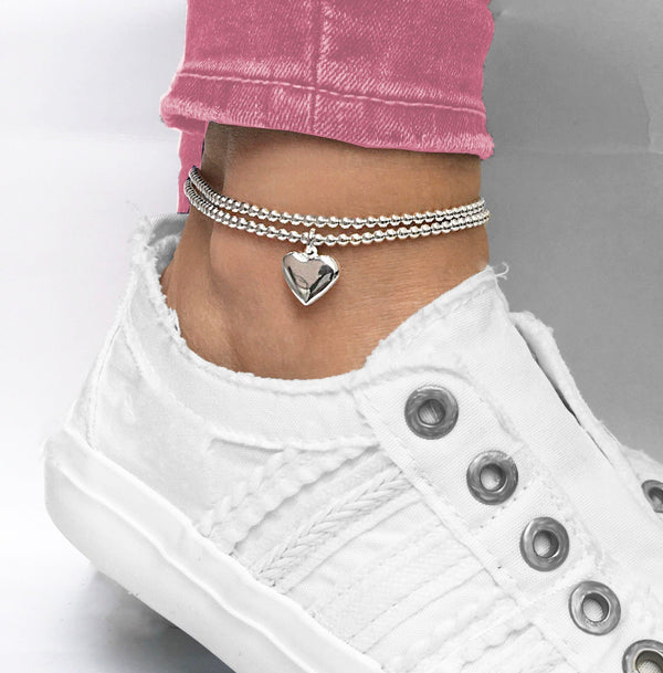 Sterling Silver Stretch Large Heart Anklet, Sterling Silver Anklet, Anklet, Silver Heart Anklet