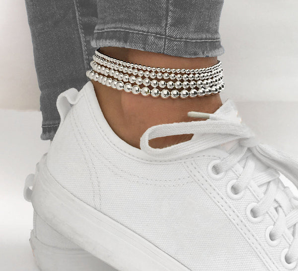 Sterling Silver Stretch Stacked Anklets (3mm, 4mm, 5mm, 6mm), Sterling Silver Anklet, Ankle Bracelet, Anklet