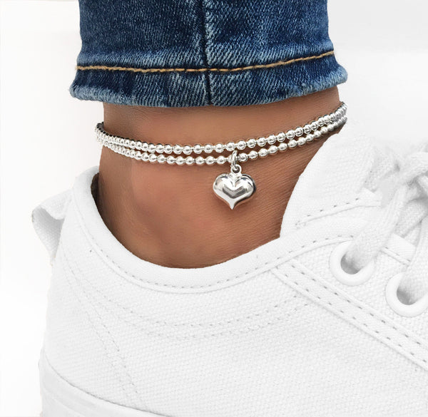 Sterling Silver Stretch Puff Heart Anklet, Sterling Silver Anklet, Anklet, Silver Heart Anklet