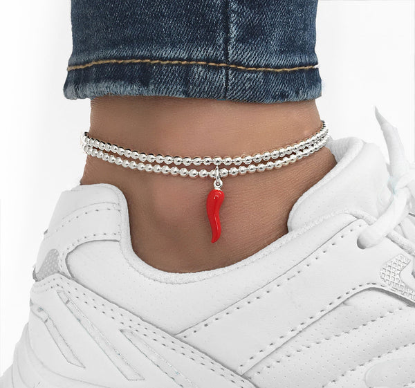 Sterling Silver Stretch Red Cornetto Anklet, Italian Horn Anklet, Malocchio Anklet