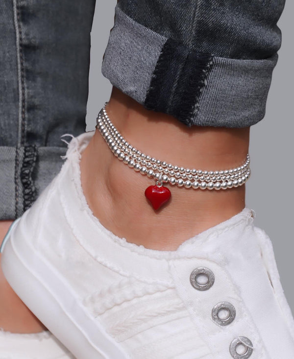 Sterling Silver Red Puff Heart Charm Anklet, Red Heart Charm Anklet, Sterling Silver Anklet, Anklet, Heart Anklet
